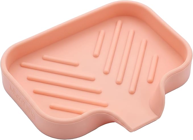 MicoYang Silicone Bathroom Soap Dishes with Drain Spout-Bathroom and Kitchen Sink Organizer,Sponge Holder,Dish Soap Tray,Perfect for Dispenser,Scrubber,Bottle,Cup on Sink or Counter-Pink 4.9"×3.2"