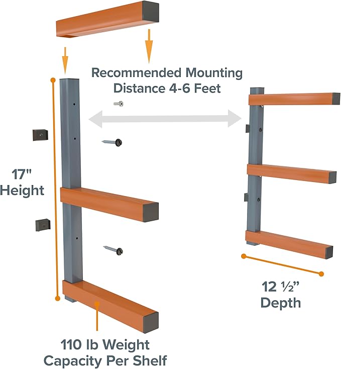 BORA 3-Level Wood Storage Rack, Wall-Mounted Hanging Shelf for Lumber, Garage Wall Storage, Space Saver for Workshop, Heavy Duty 300 lb Capacity, Metal Wood Rack System - PBR-0310, Orange/Black