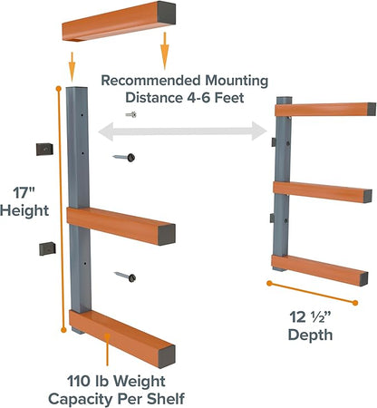 BORA 3-Level Wood Storage Rack, Wall-Mounted Hanging Shelf for Lumber, Garage Wall Storage, Space Saver for Workshop, Heavy Duty 300 lb Capacity, Metal Wood Rack System - PBR-0310, Orange/Black