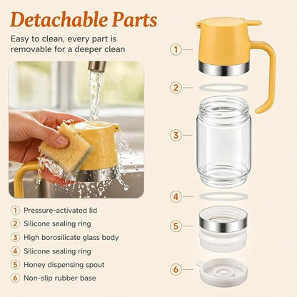2026 New Dispensador De Leche Condensada, Glass Honey Dispenser with Base No Drip, Maple Syrup Dispenser for Coffee, Tea, Breakfast & Baking (Black)