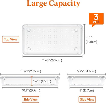 Lifewit Silverware Drawer Organizer, 5.75" x 11.65" Clear Utensil Tray for Kitchen Drawer, Stackable Plastic Flatware and Cutlery Storage Box Divider for Spoons Forks Knives Tools, 3 Pack