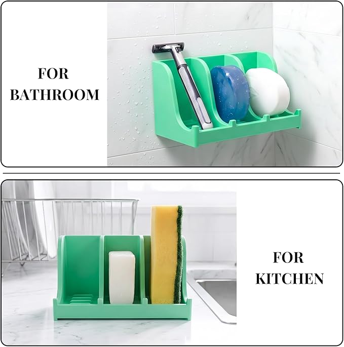 Soap Holder for Shower Wall, 3-Compartment Soap Dish for Shampoo, Conditioner and Body Soap, Fast Draining & Rust-Proof & Heavy Duty, Ultra-Strong Self Adhesive & Freestanding (Mint Green, No Label)