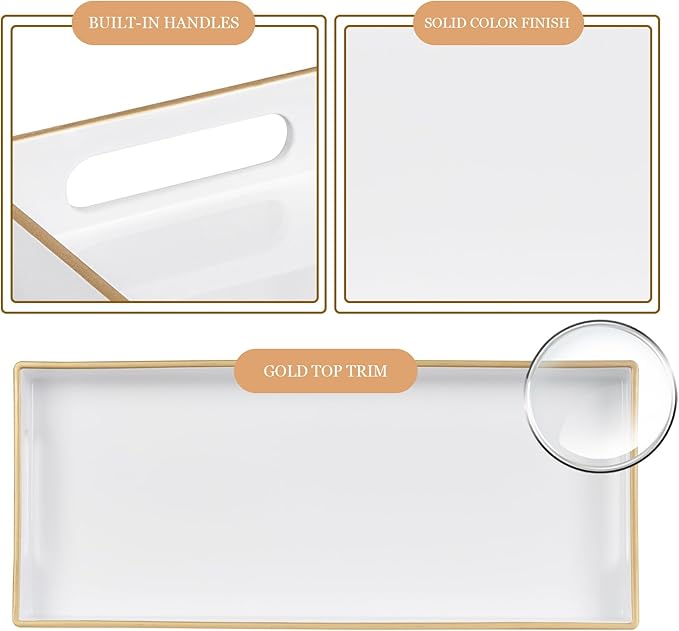 MAONAME White Vanity Tray, Plastic Decorative Tray, Rectangular Trays with Handles, Narrow Bathroom Trays for Toilet Tank, 13.8" X 6" X 1.57"