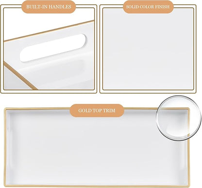 MAONAME White Vanity Tray Set of 2, Plastic Decorative Tray with Handles, Long Narrow Trays, Rectangular Bathroom Trays for Toilet Tank, 13.8" X 6" X 1.57"