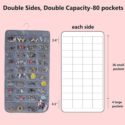 Bloss Hanging Jewelry Organizer With 80 Pockets Jewel Hanger For Jewelry Earring Storage Hanging Pocket Organizers Earring Holder Organizer for Mothers Day Gifts-Gray