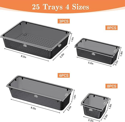SpaceHacks 25 PCS Plastic Drawer Organizer Set, 4-Size Versatile Organizer Tool Trays & storage Bins for Makeup, Jewelry, and Gadgets in Bathroom, Bedroom and Office,Clear Black