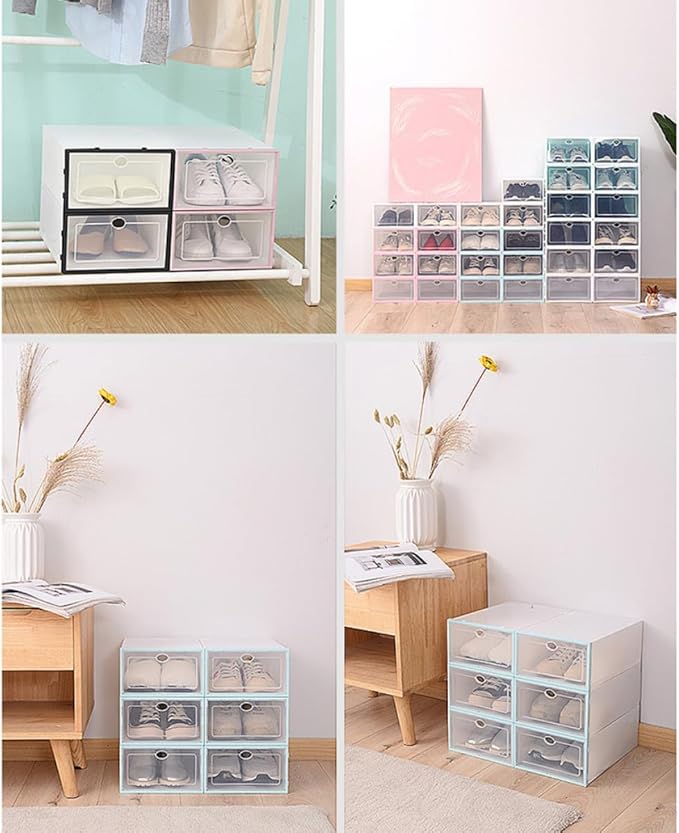 Thickened Shoe Storage Box Plastic Stackable Shoe Organizer Container with Black Frame for Women, 6pcs Footwear Storage Bins for Closet Organization