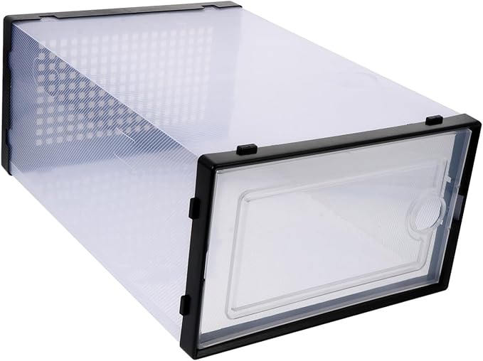 2 Pcs Stackable Shoe Storage Boxes Thickened Plastic Shoe Organizer Containers with Drawer Design Space-saving for Sneakers and Boots Black