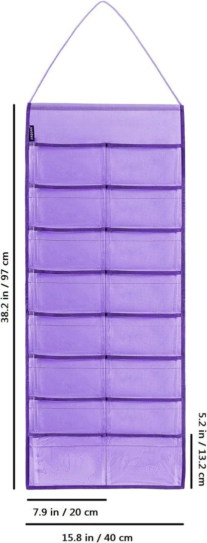 Wall Hanging Headband Organizer Ribbon Hair Hoops Storage Hairbands Hair Accessory Holder with Clear Pockets (PURPLE-16 POCKETS)