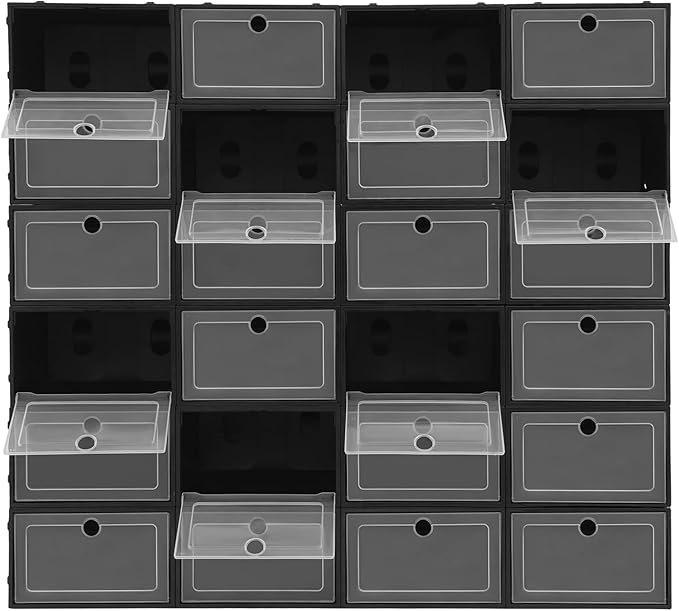 Shoe Storage, 24 Pack Shoe Organizer for Closet, Black Plastic Stackable Shoe Storage Boxes for Cabinet, Bedroom, Living room, Balcony, Black