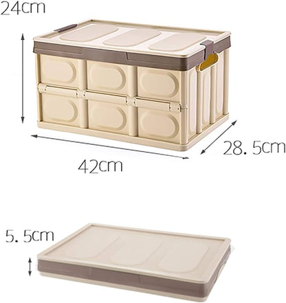 Collapsible Storage Box with lid 30L Lidded Storage Bin Crates Plastic Tote Container Stackable Folding Utility Crates Shelf Basket for Clothes Books Snack Shoe Storage Container (Khaki)