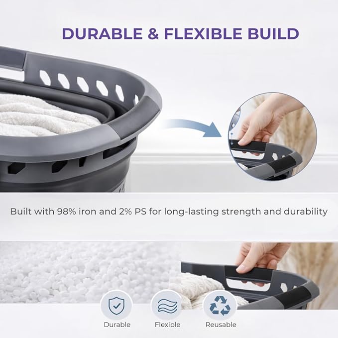 Laundry 360 Collapsible Laundry Basket 40L | Portable | Space Saver Storage | Hold 2 Loads | Store Under the Bed or Closet | Good for Kids | Dorm | Bedroom | Large | Grey/Black