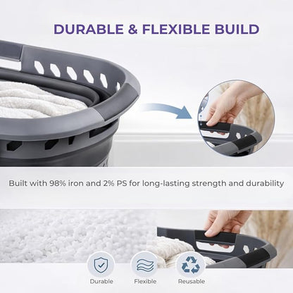 Laundry 360 Collapsible Laundry Basket 40L | Portable | Space Saver Storage | Hold 2 Loads | Store Under the Bed or Closet | Good for Kids | Dorm | Bedroom | Large | Grey/Black