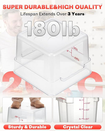 2QT NSF Food Storage Containers: 2 PCS [Food Grade][Hot&Cold Resistant] Commercial Clear Square Food Storage Containers with Scales Handles for Home Restaurant Kitchen Proof Dough(BPA FREE)