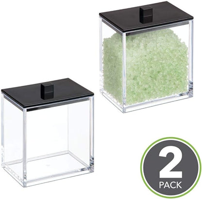 mDesign Plastic Rectangle Apothecary Canister - Organizer for Bathroom Vanity Countertop Shelf Decor - Holds Cotton Swabs, Soap, Makeup, Bath Salts - Lumiere Collection - 2 Pack - Clear/Black