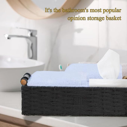 Round Paper Rope Storage Basket Wicker Baskets for Organizing with Handle Decorative Storage Bins for Countertop Toilet Paper Basket for Toilet Tank Top Small Baskets,Black