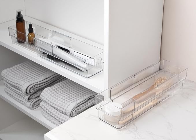 Isaac Jacobs 2-Pack Clear Expandable Storage Bins - Extra Small, 11"-19" L x 3.9" W x 3.1" H, Plastic Organizer with Cut-Out Handles, Adjustable Length from 11-19" for Home, Kitchen & Office