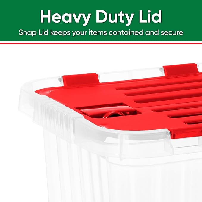 Superio Red Storage Box with Red Hinged Lids, Plastic Container Bins for Organizing with Attached Lid, Stackable Crates, BPA Free, Organizers for Home and Office, 27.5 Quart (17"x11.65"x12.25)
