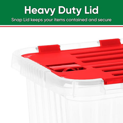 Superio Red Storage Box with Red Hinged Lids, Plastic Container Bins for Organizing with Attached Lid, Stackable Crates, BPA Free, Organizers for Home and Office, 27.5 Quart (17"x11.65"x12.25)