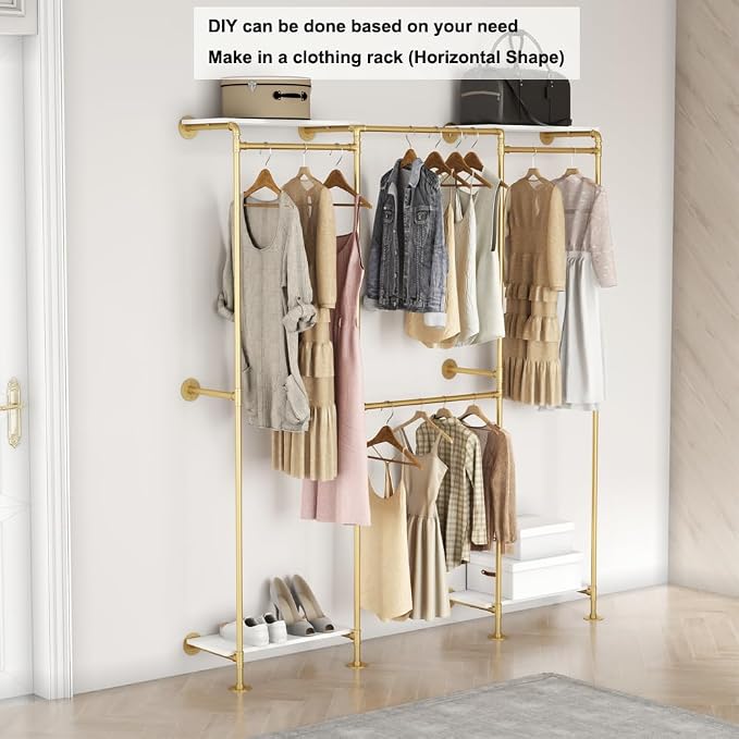KaKaBB Industrial Pipe Clothing Rack with Shelves, Wall Mounted Gold Corner Clothes Rack, Adjustable Closet System for Walk in Closets, Heavy Duty Metal Garment Organizer (73" W x 84" H)