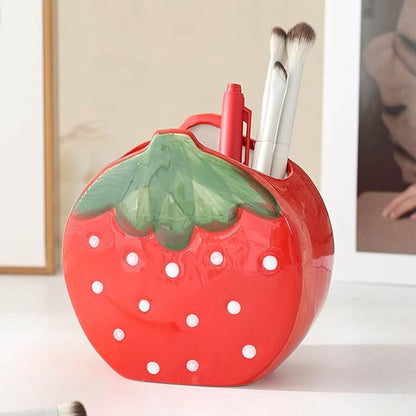 TANG SONG Ceramic Strawberry Make up Brush Holder Cosmetic Storage Box Pen and Pencil Holder Desktop Organizers (Red)