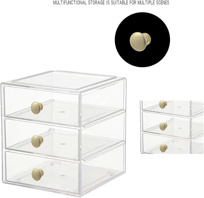 AJIODA Makeup Drawer Organizer Box with 3 Drawers, Acrylic Cosmetic Display Case Vanity Organizer Jewelry Storage Box Stackable Storage for Cosmetics, Skin Care, Bathroom, Countertop, Gold Handle