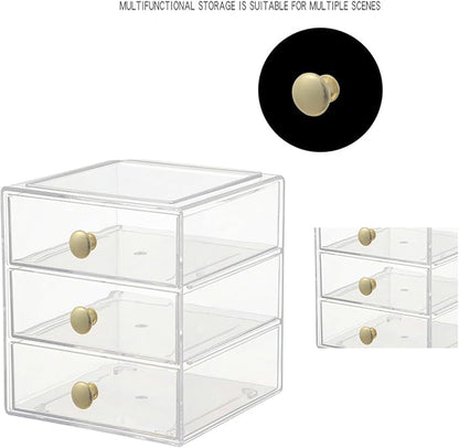 AJIODA Makeup Drawer Organizer Box with 3 Drawers, Acrylic Cosmetic Display Case Vanity Organizer Jewelry Storage Box Stackable Storage for Cosmetics, Skin Care, Bathroom, Countertop, Gold Handle