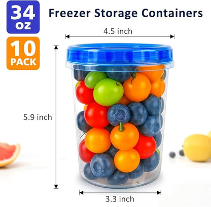 10 Pack 34oz Reusable Freezer Food Storage Containers with Twist Top Lids, Airtight Plastic Meal Prep Food Containers for Leftover Lunch Fruit Salad Oats, Clear Large Soup Container Microwave Safe