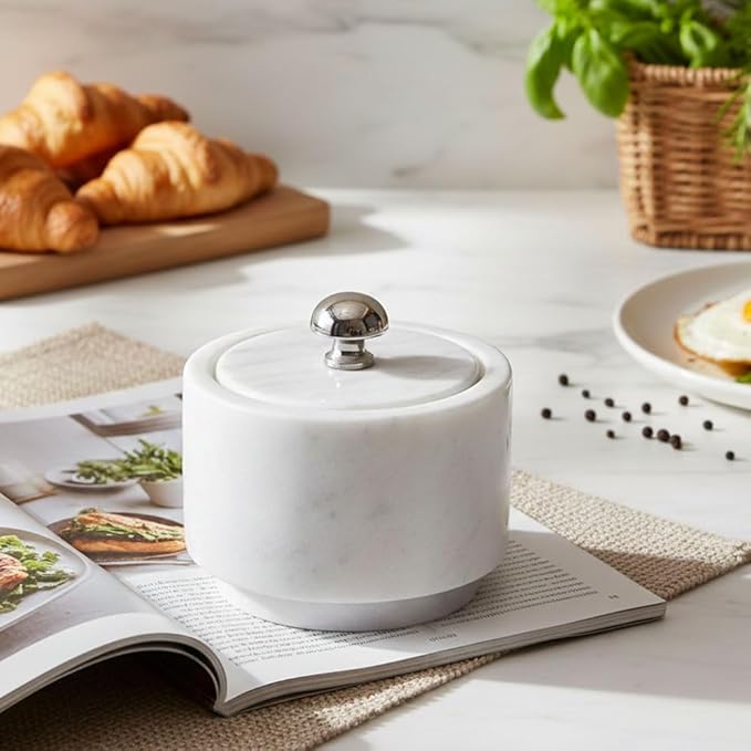 Radicaln Marble Salt Cellar with Lid 3" White Handmade Salt Box & Spice Jar for Kitchen Counter, Ideal Salt Holder, Sugar Bowl & Salt Dish, Salt Container For Housewarming Gift & Kitchen Decor