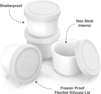 BALCI - 8oz Mini Ice Cream Containers with Silicone Lids (Set of 4) - Freezer Food Storage Containers, Reusable, LeakProof, For Homemade IceCream Containers - White with Sprinkles