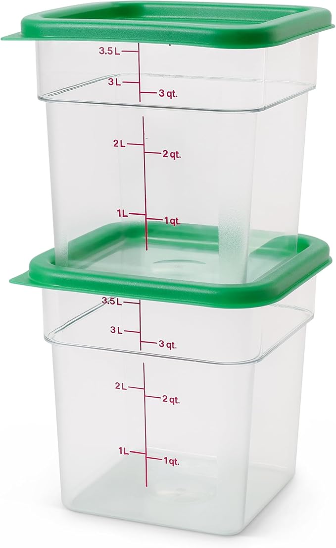 Cambro Food Storage Container with Lid (2 Pack) - Classic Series Square with Green Lid - 4 QT (Quart) - Commercial Grade for Food Prep (Clear)