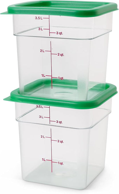Cambro Food Storage Container with Lid (2 Pack) - Classic Series Square with Green Lid - 4 QT (Quart) - Commercial Grade for Food Prep (Clear)