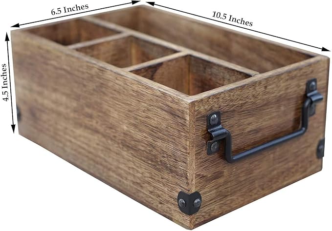Mother's Day Gifts Wooden Kitchen Utensil Holder With 4 Compartments Wood Cutlery Utensil Organiser Flatware Caddy Organizer for Party | Silverware Condiment Organizer with Napkin Holder for Dining