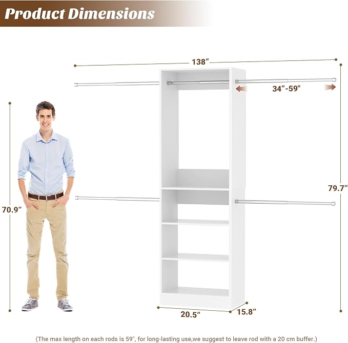 12FT Large Open Closet System, 138'' Wall-Mounted Closet Shelving with 5 Hanging Rods and 6 Shelves, Customizable Wardrobe for Walk-In Closets, Fits 5–12FT Spaces, White