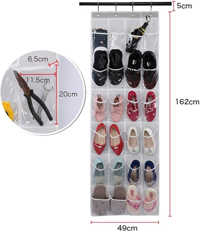 Over the Door Shoe Organizer, Hanging Shoe Rack for Door, Large Capacity Shoe Organizer Holder with 24 Large Pockets for Closet Storage, Clear Hanging Shoe Shelves Shoe Hanger Storage Organizer Bag (D)