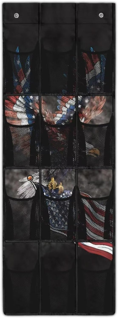 Eagle Door Hanger Organizer 12 Pockets Over The Door Shoe Organizer USA Flag Wall Hanging Storage Mesh Fabric Multi-Funtion Storage Bag for Bathroom