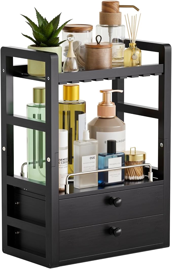 AmazerBath Bamboo Bathroom Countertop Organizer, 2-Tier Makeup Organizer with 2 Drawers, Vanity Organizer Storage Coffee Matcha Station, Compact Shelf for Bathroom Kitchen Office, Black