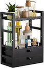 AmazerBath Bamboo Bathroom Countertop Organizer, 2-Tier Makeup Organizer with 2 Drawers, Vanity Organizer Storage Coffee Matcha Station, Compact Shelf for Bathroom Kitchen Office, Black