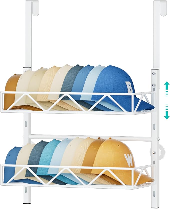 HapiRm Over the Door Hat Organizer - 2 Tier Wall Mounted Hat Rack with 2 Adjustable Metal Basket, Baseball Caps Organizer Storage Holds up to 20 Caps for Door, Bedroom, Closet (White)