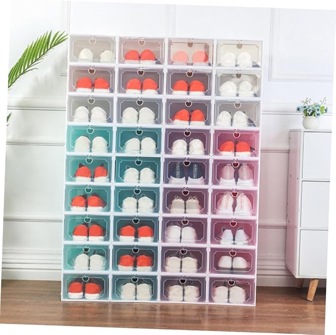 6pcs Large Capacity Plastic Shoe Organizer Boxes with Flip- Design, Stackable Storage Cases for Home Closet Shoes, Pearl White