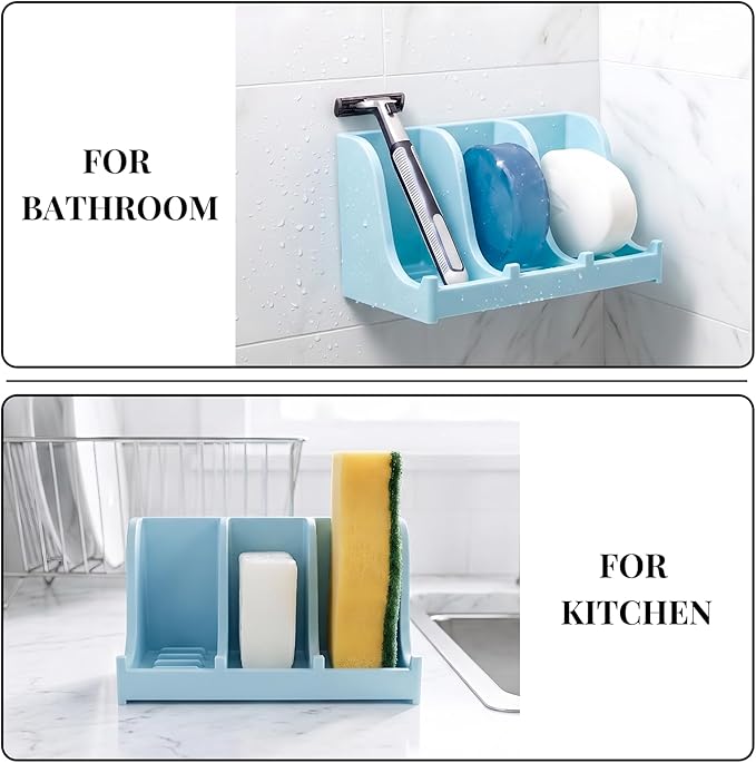 Soap Holder for Shower Wall, 3-Compartment Soap Dish for Shampoo, Conditioner and Body Soap, Fast Draining & Rust-Proof & Heavy Duty, Ultra-Strong Self Adhesive & Freestanding (Light Blue, No Label)