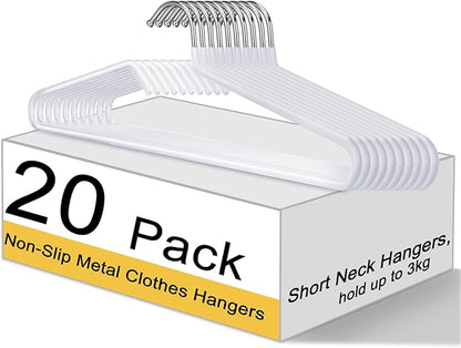 Leumoi 20 Pack Short Neck Hangers Non-Slip Metal Hangers for Clothes, Pants, Shirts, Tank Tops, Jackets, Space Saving, Short Neck Household Collar Protection (White)