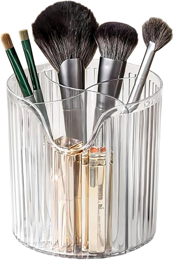 Makeup Brush Holder,Transparent Makeup Organizer,4 Slot Makeup Brushes Cup,for Vanity Decor,Bathroom Countertops,Desk Storage Container,Cosmetic Display cases (Clear White