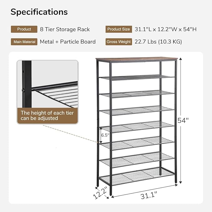 8-Tier Shoe Rack Organizer, Metal Mesh Shoe Storage Shelf, for Entryway, Hallway, Closet, Dorm Room, Industrial, Rustic Brown