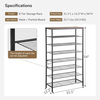 8-Tier Shoe Rack Organizer, Metal Mesh Shoe Storage Shelf, for Entryway, Hallway, Closet, Dorm Room, Industrial, Rustic Brown