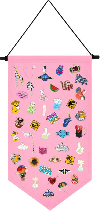 Kunyeah Wall Hanging Brooch Organizer Storage Case Colorful Canvas Pin Board Stand Enamel Pin Badge Hanging Holder Display Banner Earrings Collection Holder - Pins No Included (Pink)