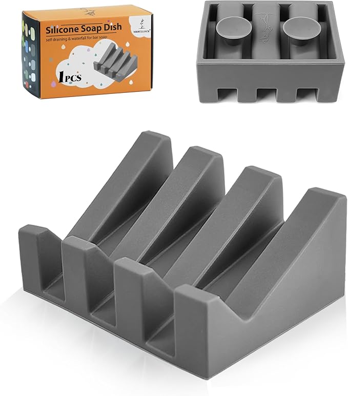 Self Draining Silicone Soap Dish with Suction Cups - Non-Slip Bar Soap Holder for Shower & Kitchen, Waterfall Tray Keeps Soap Dry, Easy Clean, Extends Soap Life (Gray, 1 Pack)