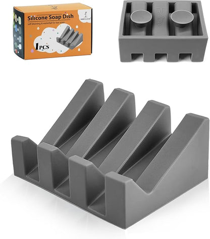 Self Draining Silicone Soap Dish with Suction Cups - Non-Slip Bar Soap Holder for Shower & Kitchen, Waterfall Tray Keeps Soap Dry, Easy Clean, Extends Soap Life (Gray, 1 Pack)