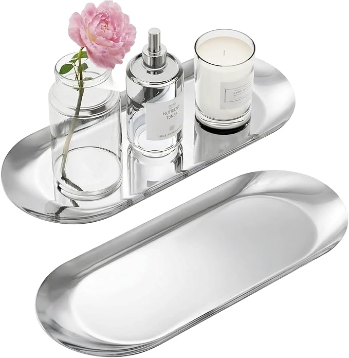 Silver Decorative Tray, 2 PCS Bathroom Vanity Tray for Dresser Counter, Elegant Jewelry Dish Tray for Decor, Silver Platter Serving Tray Organizer for Perfume Trinket Key Candle, Stainless Steel, Oval