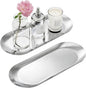 Silver Decorative Tray, 2 PCS Bathroom Vanity Tray for Dresser Counter, Elegant Jewelry Dish Tray for Decor, Silver Platter Serving Tray Organizer for Perfume Trinket Key Candle, Stainless Steel, Oval